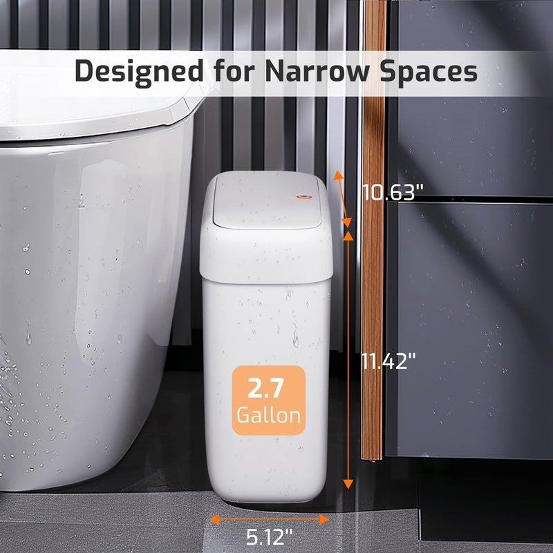 MOPALL Small Bathroom Trash Can with Lid, 2.6 Gallons / 10 L Slim Plastic Garbage Bin with Pop-Up Lid, Mini Waste Basket Can Dog Proof for Kitchen, Bedroom, Office, Laundry, Toilet, Rv, White - Image 2